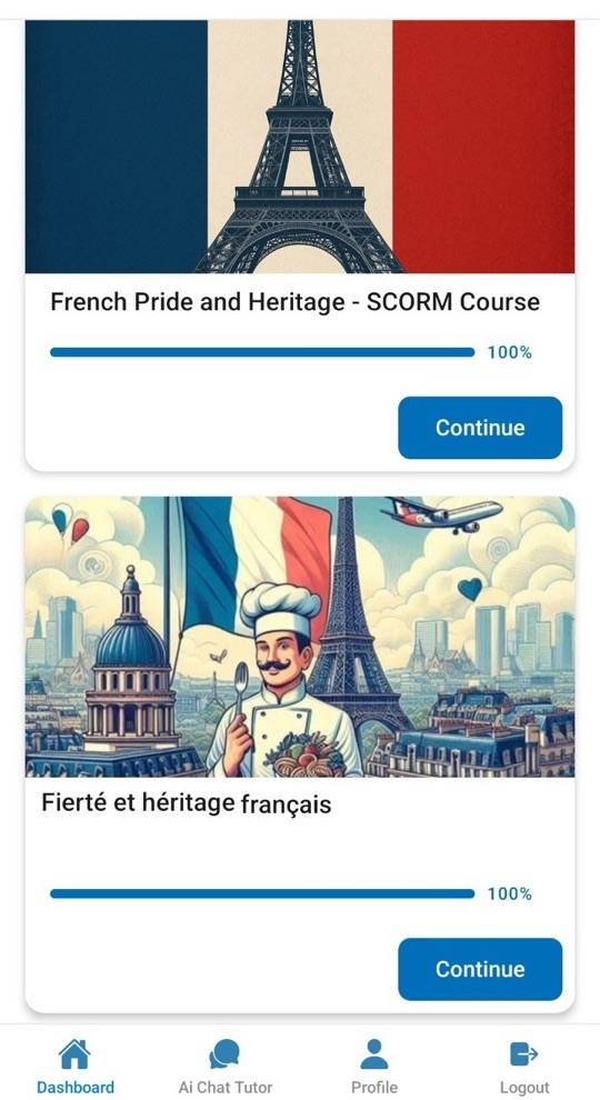 App dashboard with courses and progress