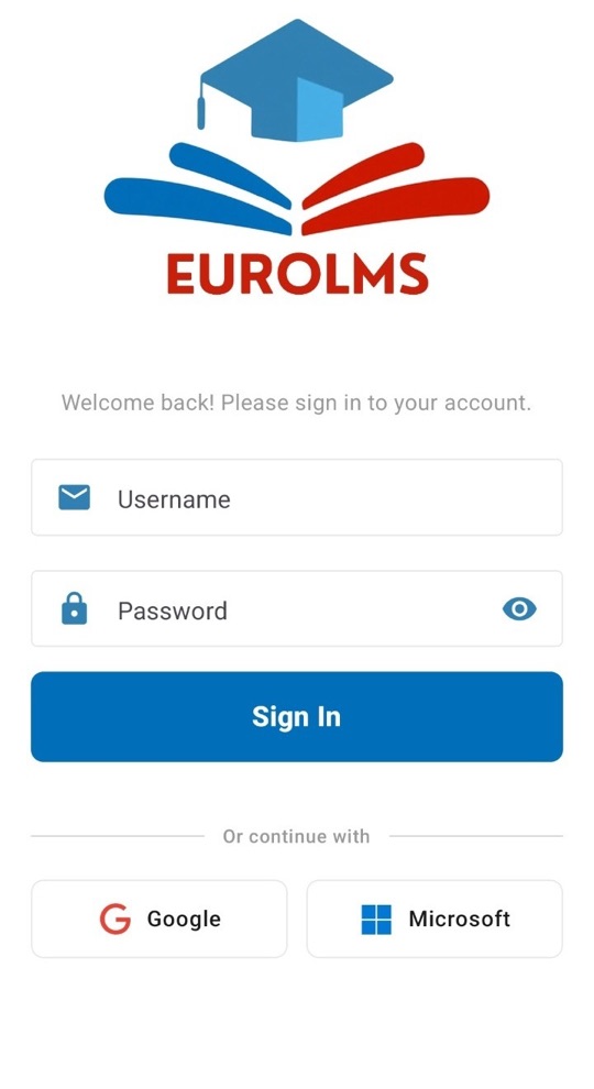App sign-in screen with the EuroLMS logo